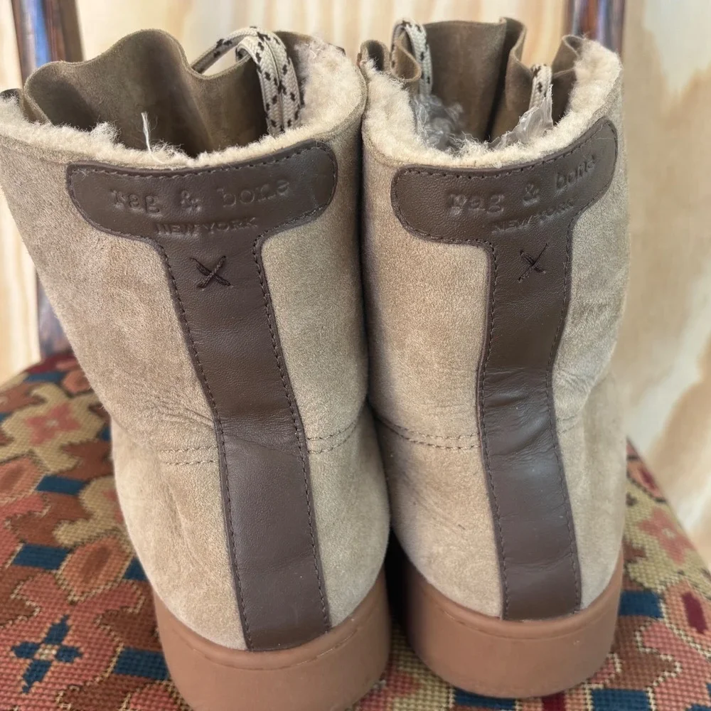 Rag & Bone Oslo Taupe Suede Shearling Lined High Top Boots women's 10.5 Gum Sole